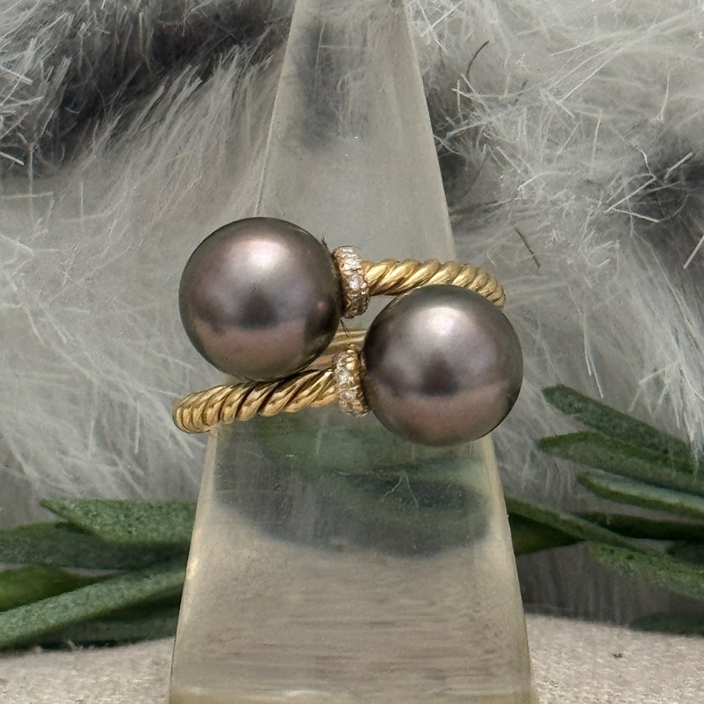 David Yurman 18K Gold Solari Tahitian Pearl Diamond Cablespira Bypass Ring